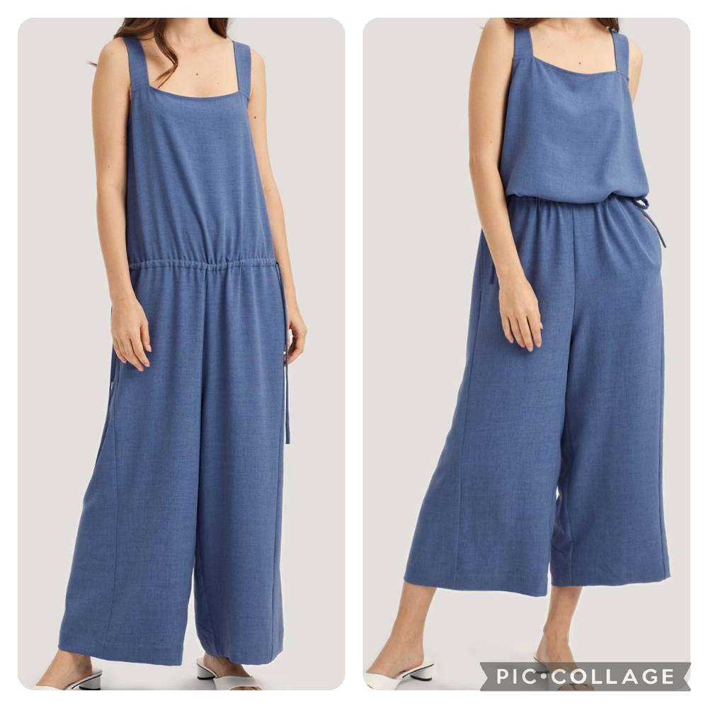 NAP Loungewear Drawstring Relaxed Fit Square Neck Wide Leg Jumpsuit Blue Size M - Picture 2 of 16